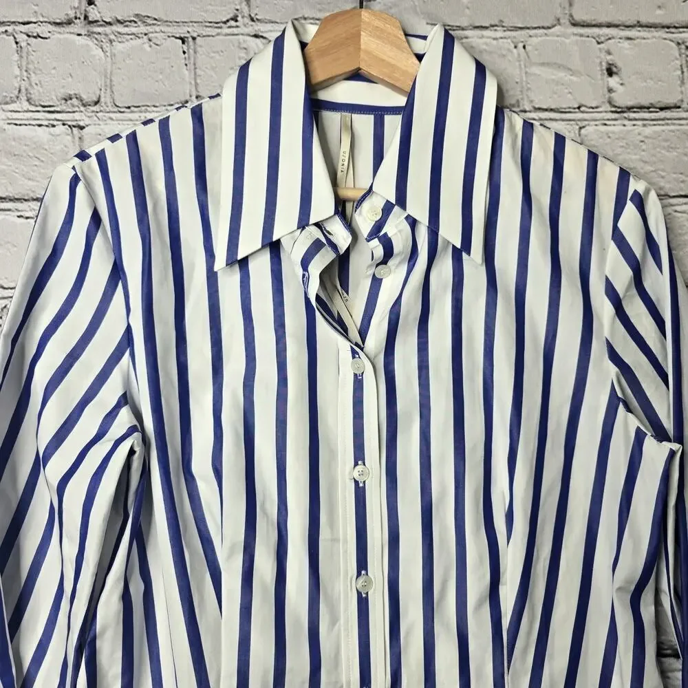 Usonia Womens White Blue Vertical Stripe 100% Cotton 3/4 Sleeve Blouse Size L - Picture 3 of 11